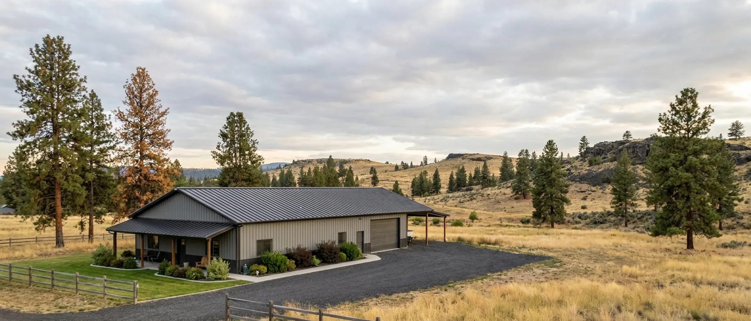 A completed barndominium with a covered entry porch and an attached shop bay, photographed in flat overcast daylight among pines.