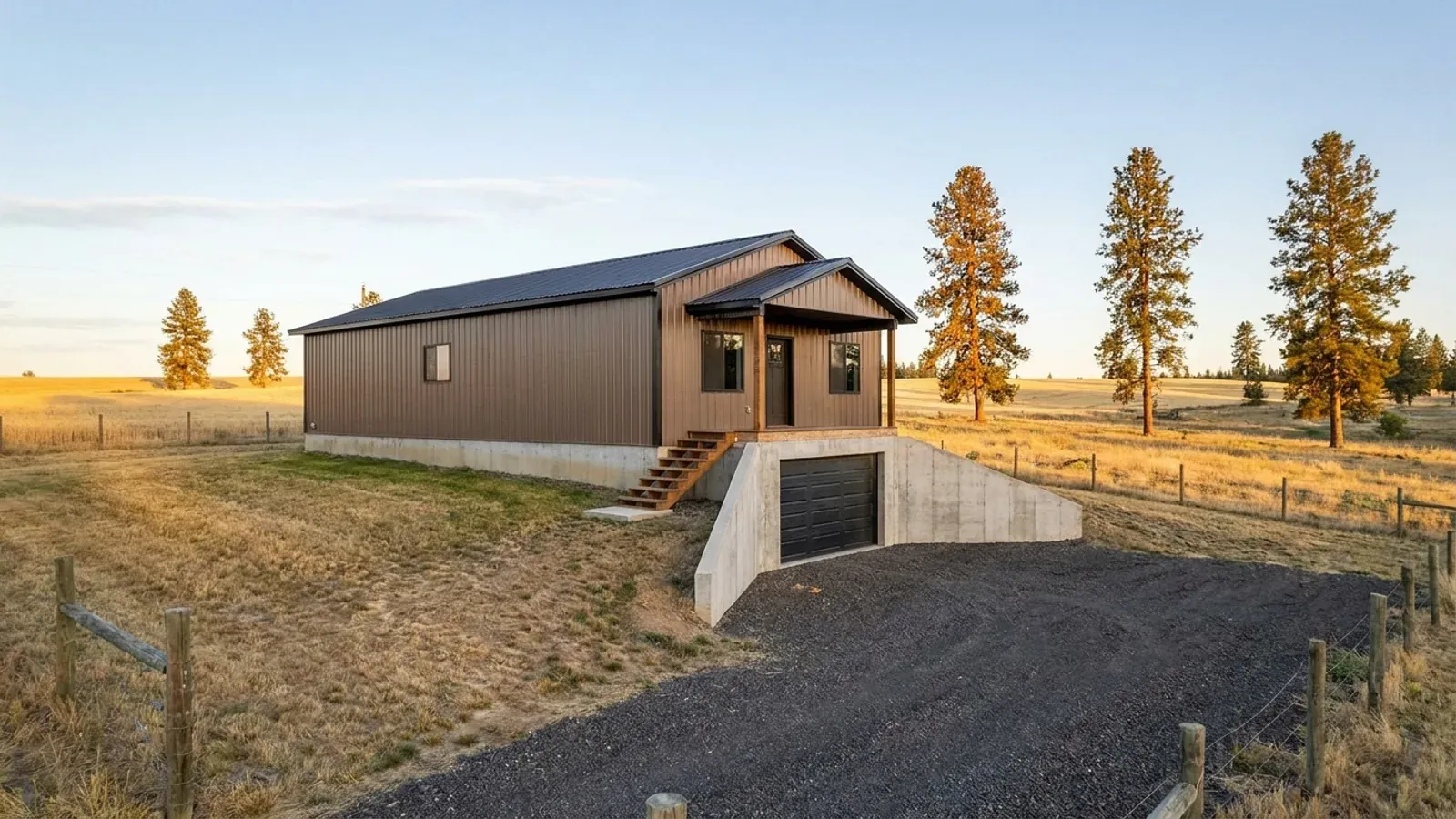 A barndominium raised on a stem-wall foundation with steps up to the entry and enclosed storage space beneath the elevated floor.