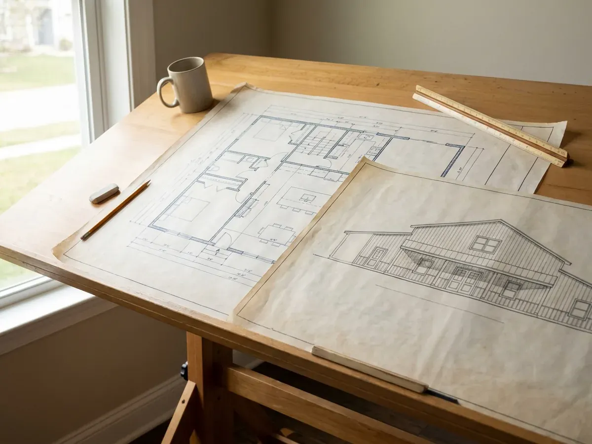 Barndominium floor plan and elevation drawings laid out on a drafting table with a scale rule.