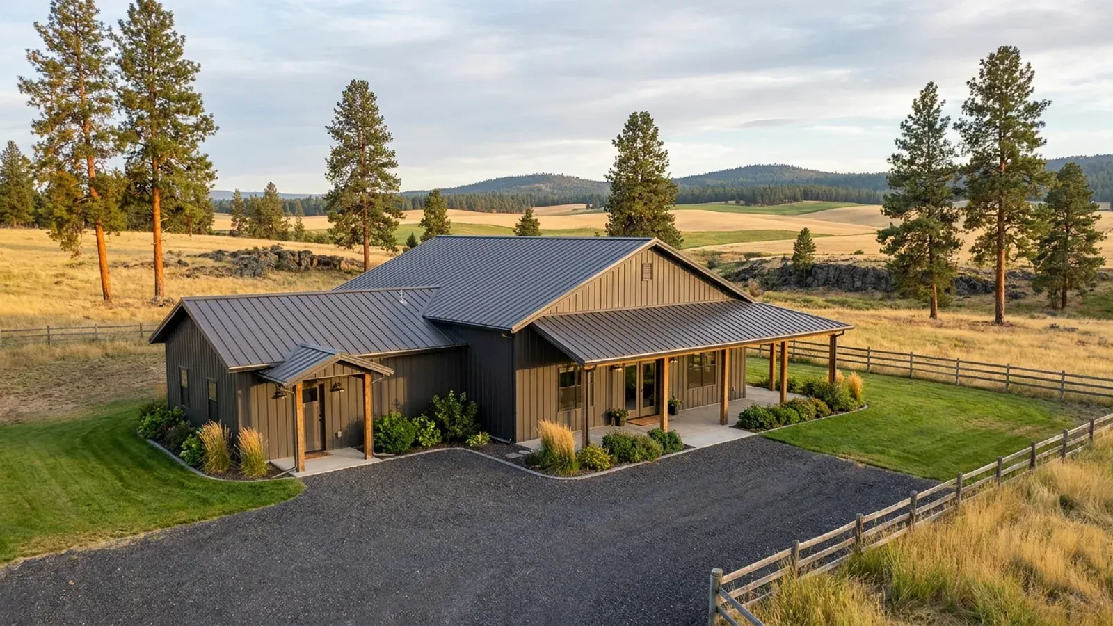 A barndominium with a smaller attached in-law suite wing that has its own separate covered entry, distinct from the main entry.
