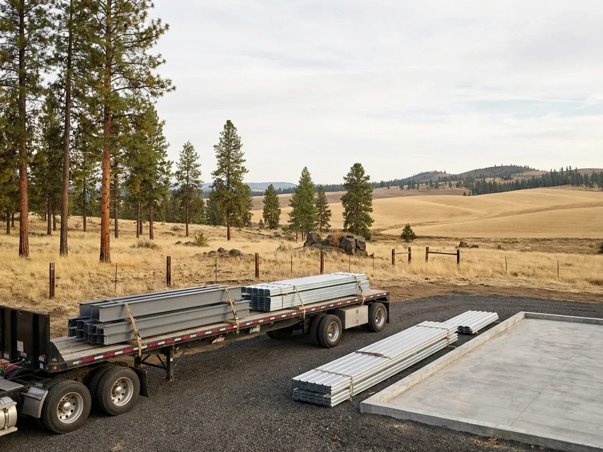 A flatbed truck delivering banded steel frame members and stacked metal roof panels to a building site beside a finished concrete slab.