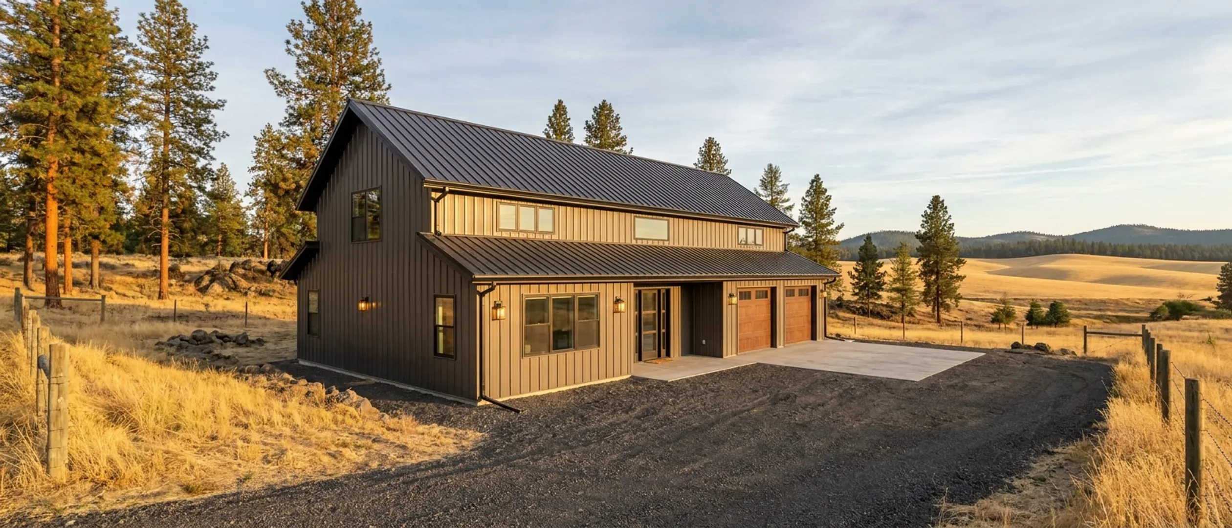 A completed barndominium viewed from a low angle showing its standing seam metal roof, vertical wall panels, gutters and exterior wall lights.