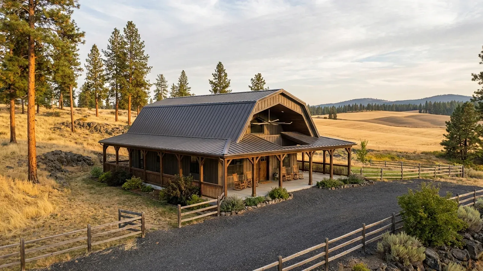 A barndominium exterior showing a deep wrap-around covered porch with posts and railing along two sides of the building.