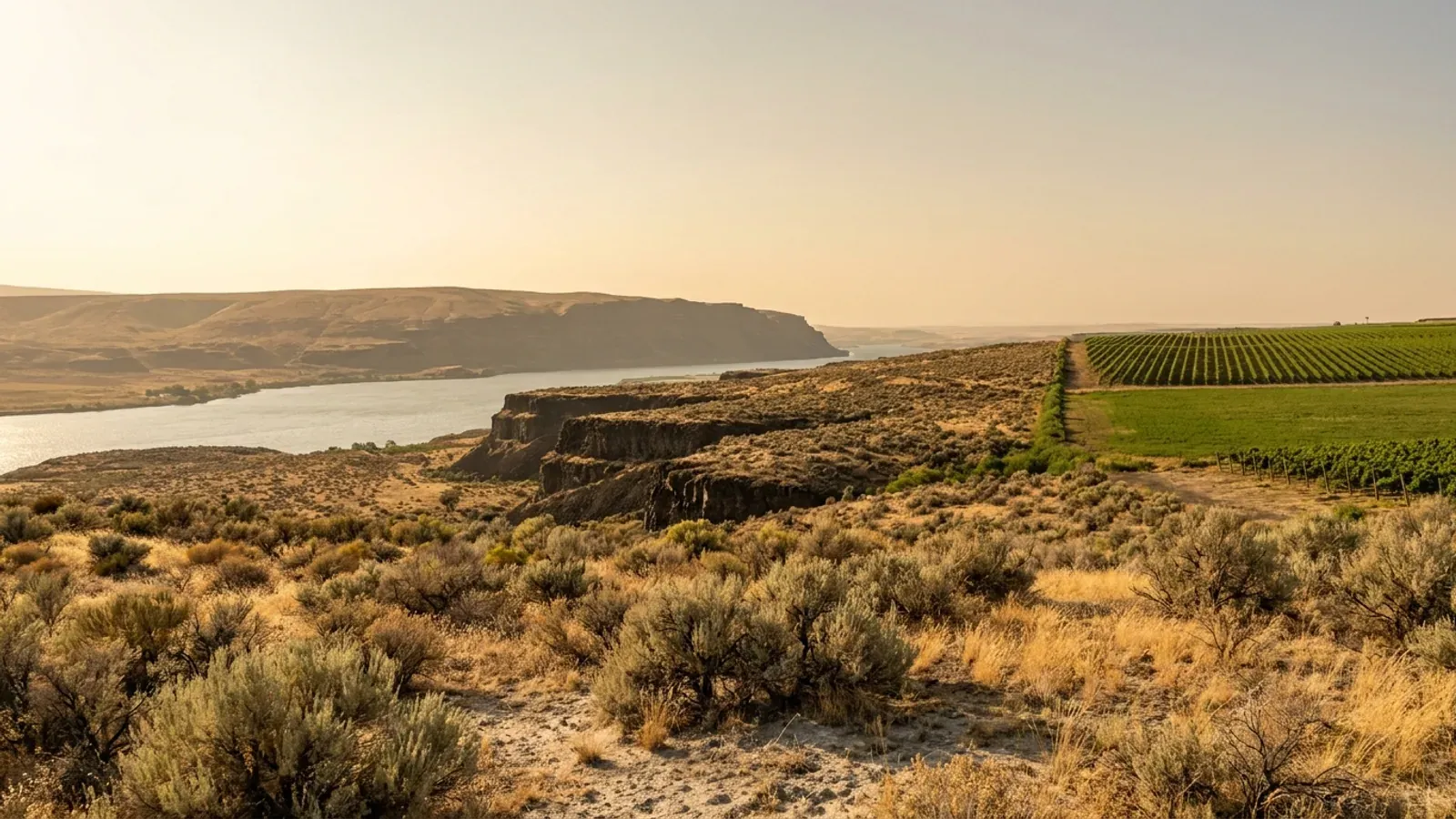 Dry Columbia Basin sagebrush steppe with basalt cliffs above a wide river and green irrigated vineyard rows at its edge.
