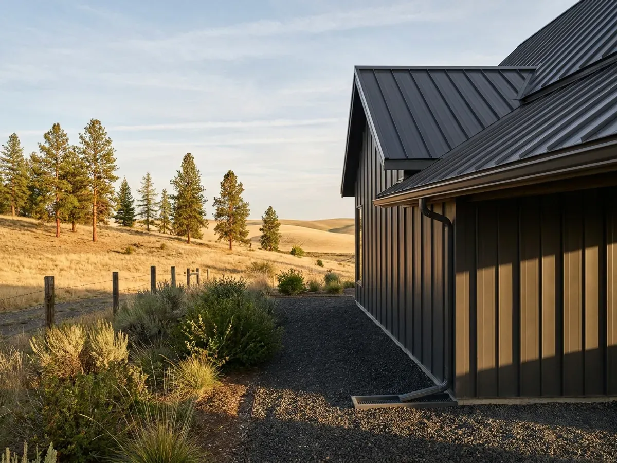 Exterior detail of a metal-clad home showing standing seam roofing, vertical wall panels, and a downspout discharging away from the wall.