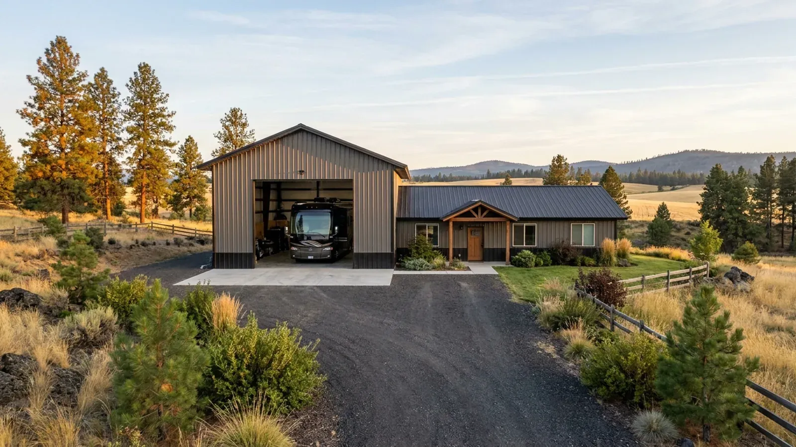 A barndominium with a tall, deep RV garage bay and an oversized roll-up door beside a single-storey living wing.