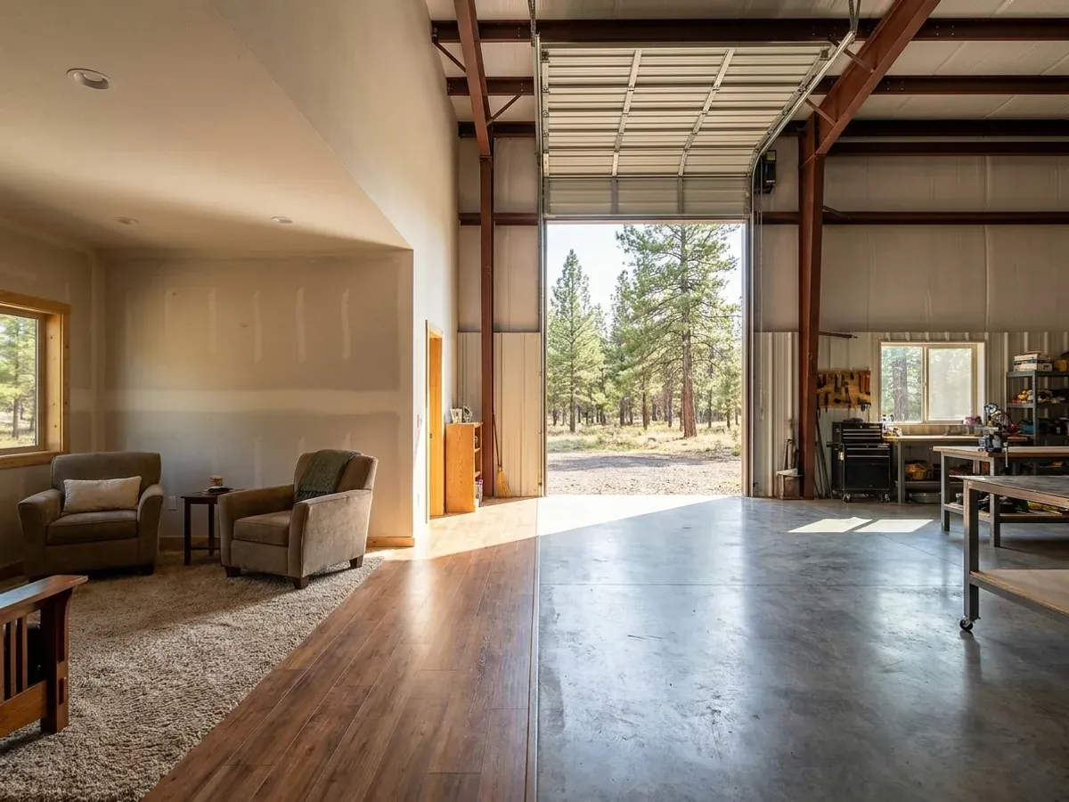 The interior of a shouse where a finished living area with warm flooring meets a shop bay with polished concrete and a tall roll-up door.