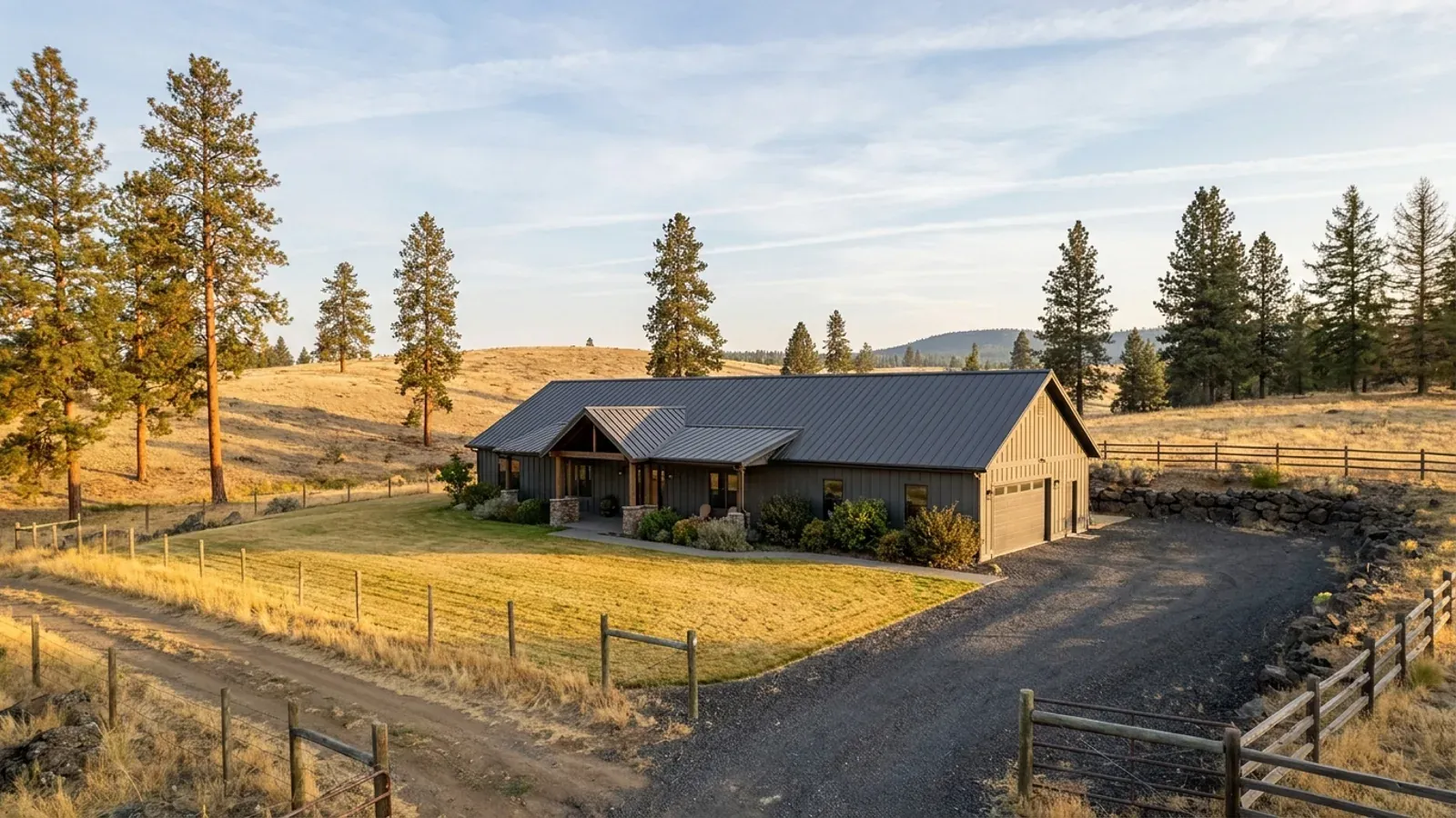 A completed single-story barndominium with a long, low roofline and no upper-level windows.