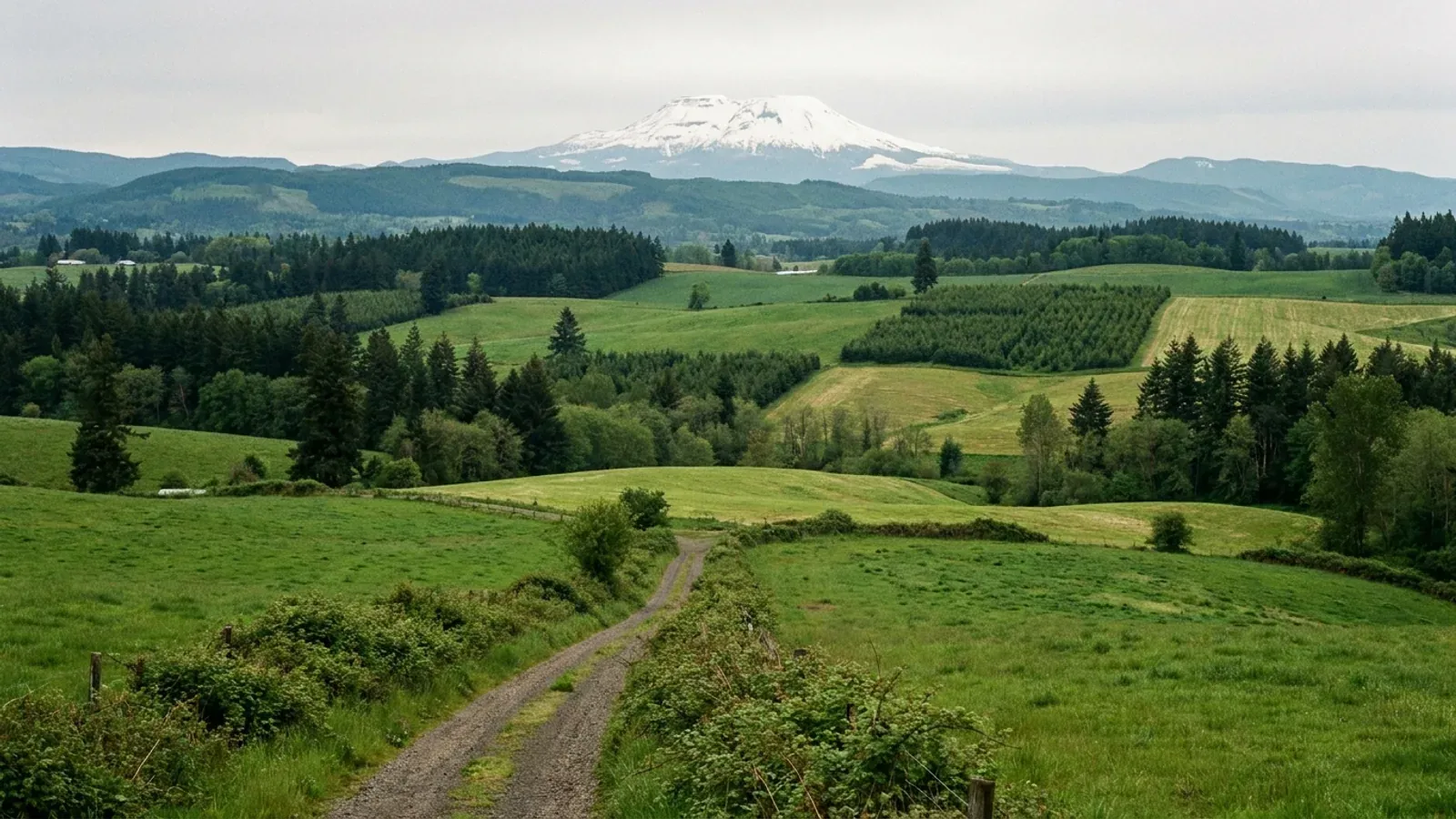 Rolling Southwest Washington hill pasture with fir woodlots and replanted forest, a flat-topped snowy volcano far on the horizon.