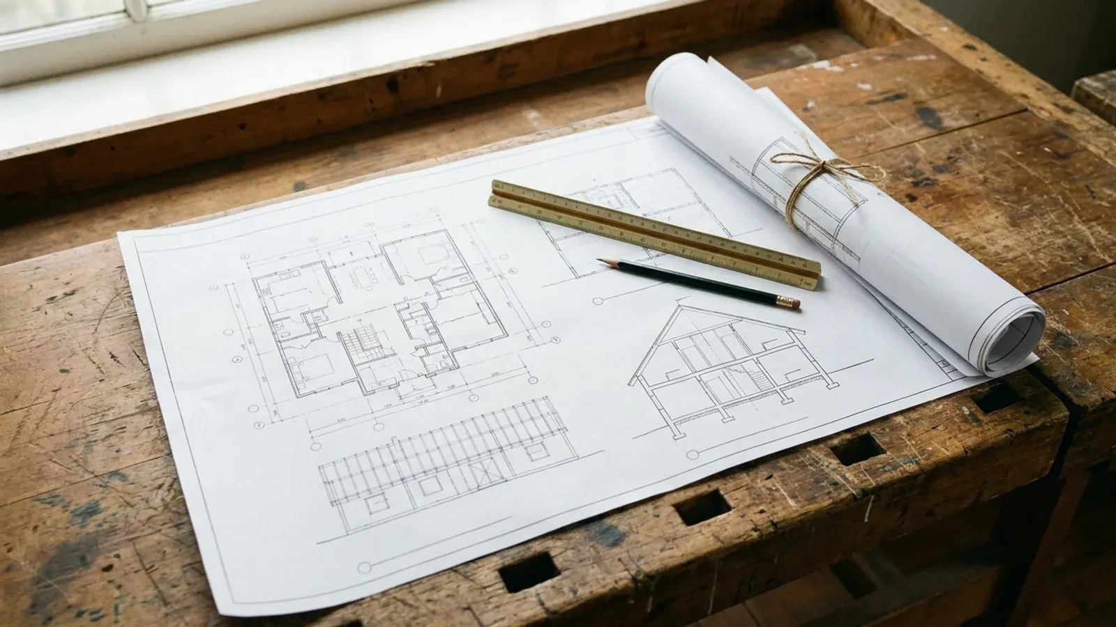 Overhead view of architectural floor plan and structural elevation drawings spread on a workbench with a scale ruler and pencil.